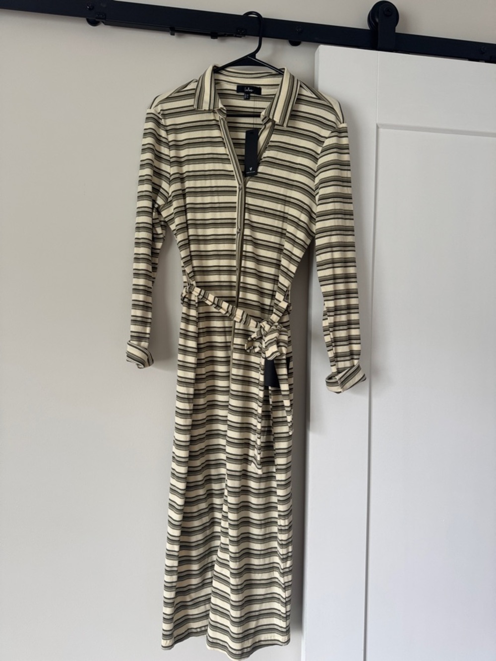 Lulu’s Cream and Green Striped Long Sleeve Shirt Dress with Belt